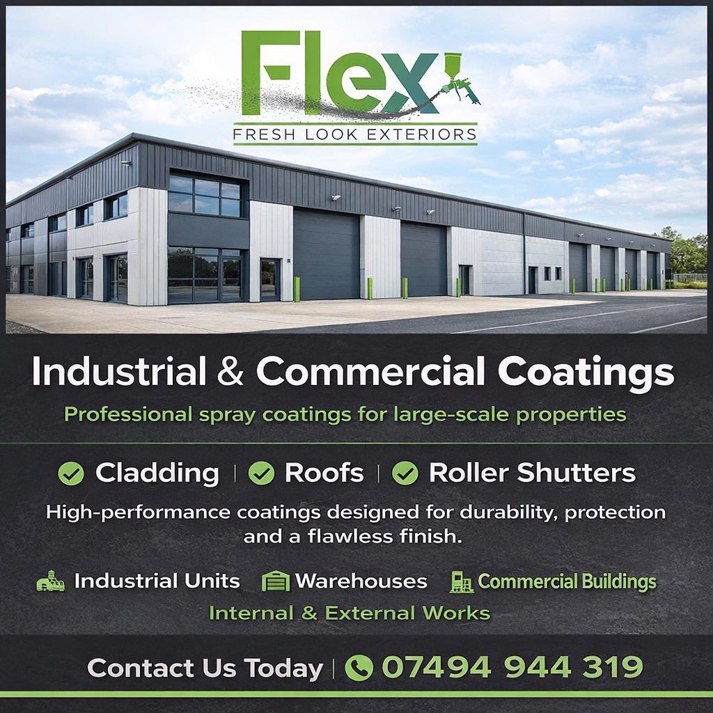 FLEX Commercial Coatings site flyer showing a sprayed industrial unit, key services and contact number