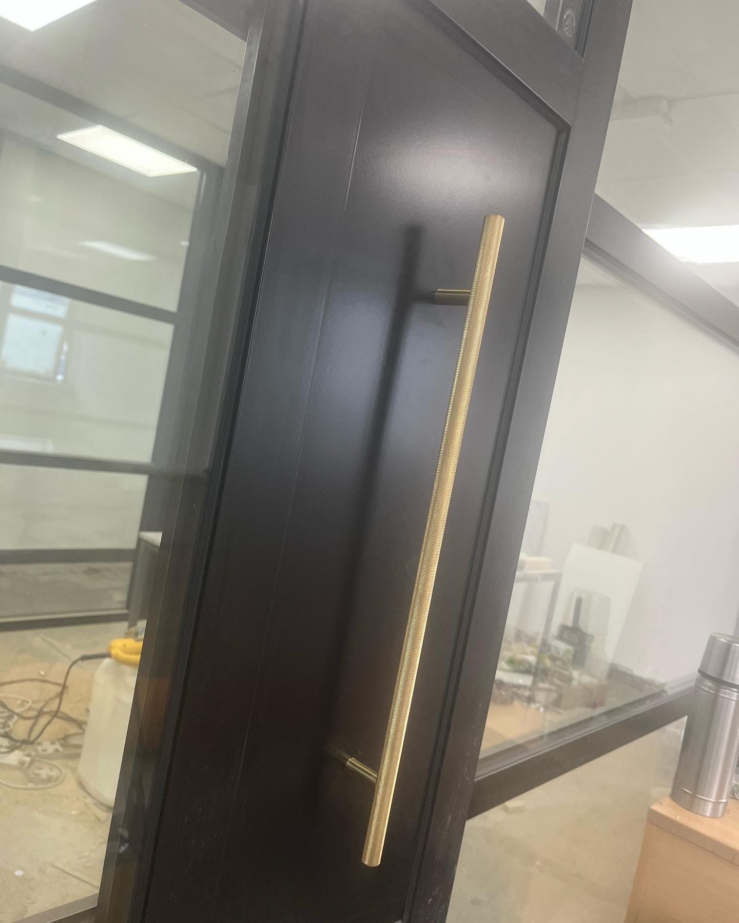 Premium black powder-coated commercial door with brass handle